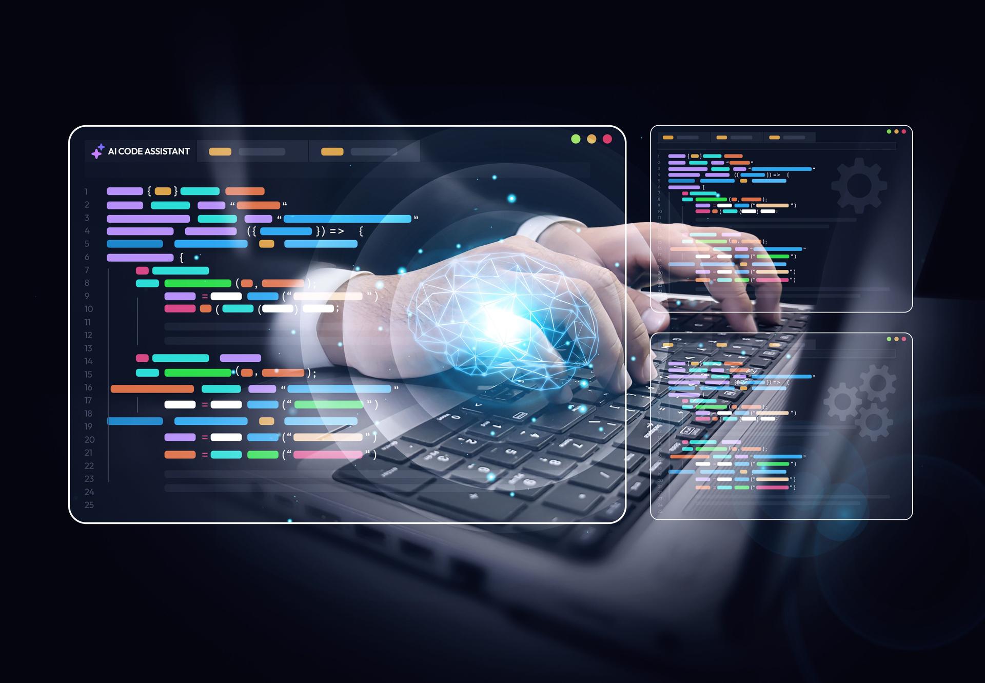 Artificial Intelligence coding and programming concept background with colorful shapes and person typing in the backdrop. AI code assistant concept design backdrop